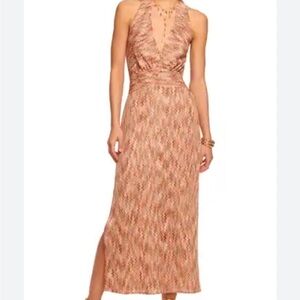 Ramy Brook Henrietta Chevron Stripe Halter Midi Dress Pink Punch Gold Shimmer 6